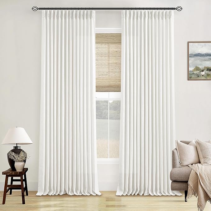 Beige White Pinch Pleated Linen Curtains 2 Panels 102 Inches Long | Thick Linen by Twodrapes