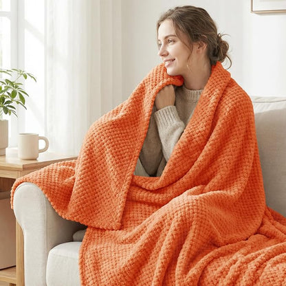 Exclusivo Mezcla Soft Waffle Fleece Bed Blanket Queen Size, Burnt Orange | - Image 2