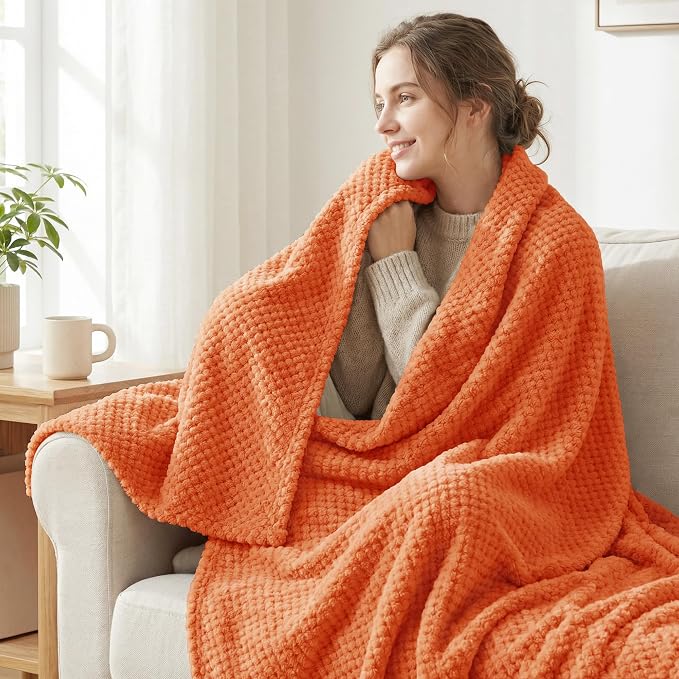 Exclusivo Mezcla Soft Waffle Fleece Bed Blanket King Size, Burnt Orange | - Image 2