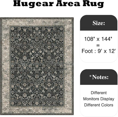 9x12 Black Beige Vintage Floral Washable Area Rug - Image 2