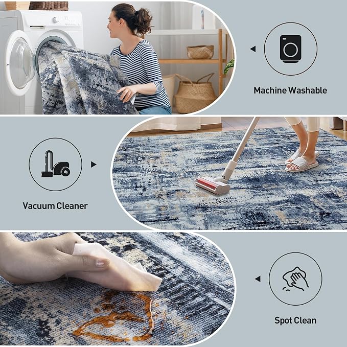 5x7 Area Rugs for Living Room: Washable Abstract Blue Gold Badroom Carpet | - Image 4