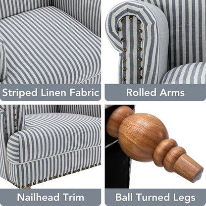 Blue Striped Linen Fabric Accent Chair, Coastal Upholstered Armchair - Image 3