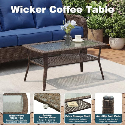 Patio Furniture Set, High Back Rattan Sofa & Swivel Rocker Chairs, Weather - Image 9