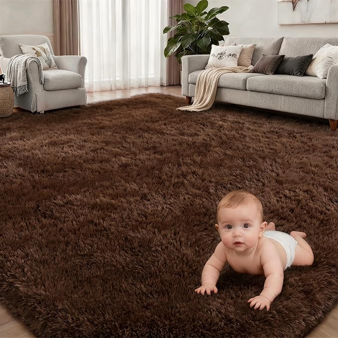 Area Rug Living Room Bedroom: 6x9 Fluffy Plush Shag Carpet Brown | - Image 2