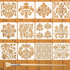 12PCS Large Mandala Stencils 12 x 12 Inch Damask Stencils for Walls Large Texture Drawing Templates with Brushes Mandala Templates for Painting on Wood Furniture Canvas Paper Fabric