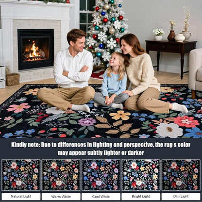 PLHXFR Area Rug Living Room: 3x5 Floral Washable Boho Soft Carpet Black | - Image 9