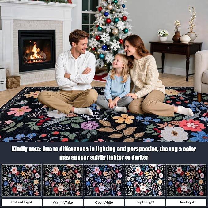 PLHXFR 2x3 Small Entryway Rug: Floral Washable Indoor Soft Carpet Black | - Image 9