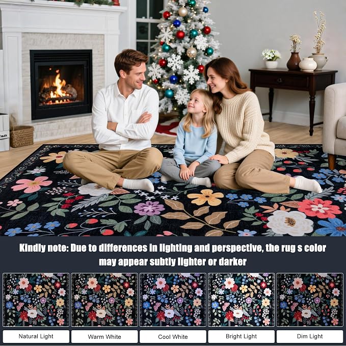 PLHXFR Area Rug Living Room: 5x7 Floral Washable Boho Soft Carpet Black | - Image 9