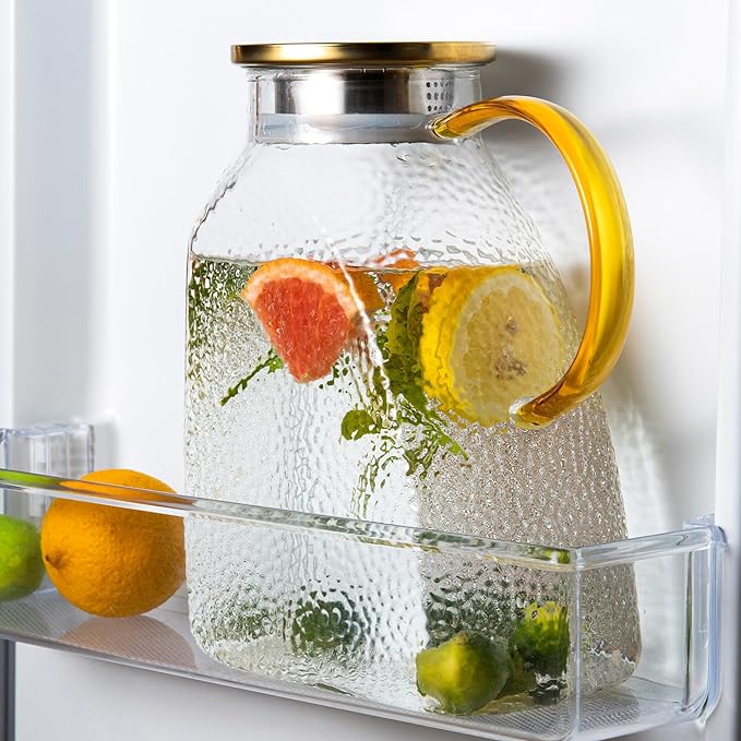 Glass Pitcher With Lid and Spout, 1.8 Liter 60 oz Glass Pitchers With Handle And Lid, Jug Water Pitchers For Fridge, Carafe Jar for Hot/Cold Water Iced Tea Juice Coffee Milk Beverage