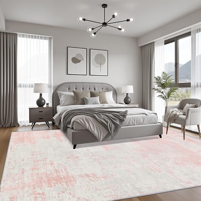 10x14 Area Rug Living Room: Modern Washable Soft Carpet Pink White | - Image 3