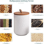 JOJUNO White Ceramic Canister Set with Wooden Lid, 3-Piece Airtight Food Storage Jars for Kitchen Counter - Flour, Sugar, Coffee, Tea, Spice - Small, Medium, Large Sizes - Stone Texture