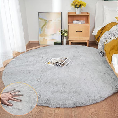 ORINOVA Grey Washable Fluffy Round Rugs 6ft Faux Bunny Fur Rugs by ORINOVA