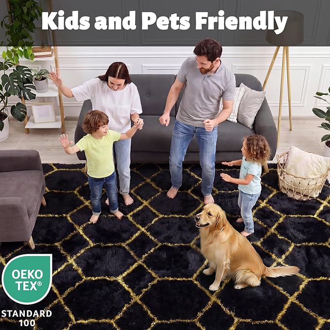 Area Rugs for Living Room, 5x8 Fluffy Black and Gold Bedroom Geometric Rug | - Image 3
