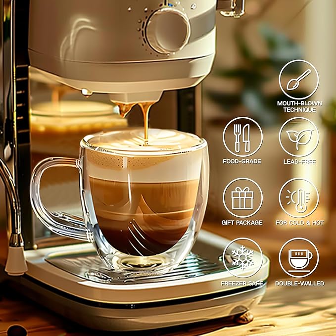 Set of 4 Double Walled Glass Coffee Mugs 8 Ounces Insulated Layer Coffee Cups with Handle Borosilicate Glass Espresso Cup for Hot Beverage,Cappuccino,Tea,Latte,Wine,Microwave Safe