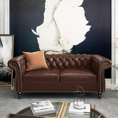 ORRD 2 Piece Living Room Set, Chesterfield Leather Sofa Loveseat Couch - Image 4