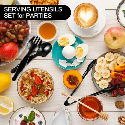 30 Pcs Disposable Black Plastic Serving Utensils,10 Set Including 9" Plastic Serving Spoons, Forks and Tongs for Dinner Parties, Buffets,Banquets, Events, Weddings, and Daily Use