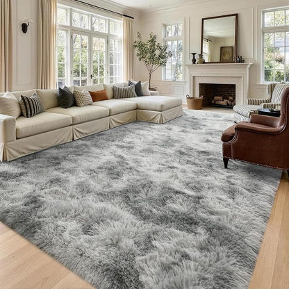 8x10 Extra Large Tie-Dyed Grey Fluffy Area Rug Non-Slip - Image 2
