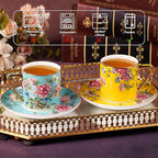 KAMMAK Tea Cups and Saucers Set of 2, Porcelain Coffee Cup with Saucer for Espresso, Cappuccino, 7.5oz Vintage Yellow and Blue Floral Ceramic Demitasse Mug for Home, Tea Party, Office