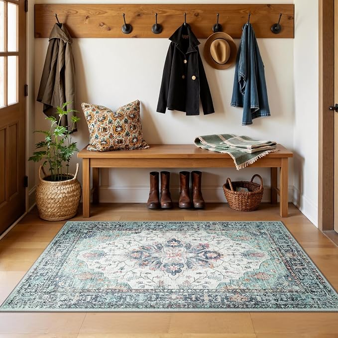 RELEANY Washable Area Rug, Teal Green/White/Navy | Non-Slip, Water Repellent - Image 3