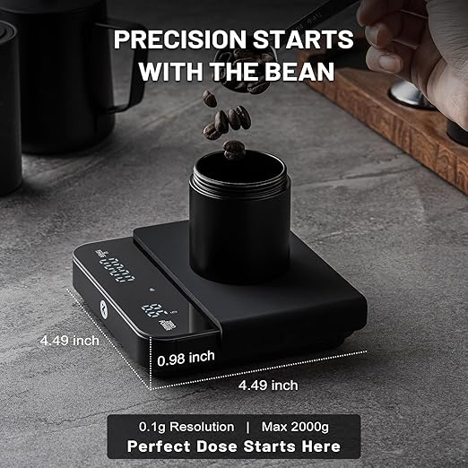 KitchenTour CaféMetric Coffee Scale with Timer 0.1g/2000g - Precision Scale for Espresso & Pour Over - Water Flow Speed Mode and Coffee Powder-to-Liquid Ratio Mode - Rechargeable, LCD Display - Black