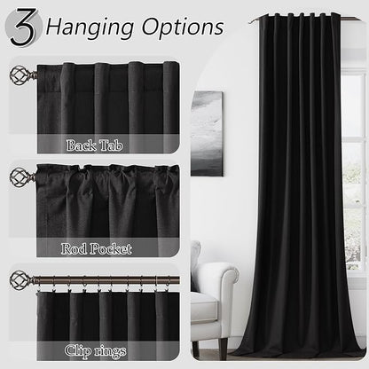 Black 100% Blackout Linen Curtains 63 Inch Length 2 Panels Set - Image 6