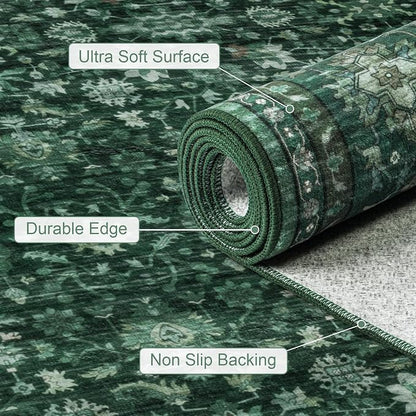 Round Area Rug for Living Room: 8ft Boho Washable Rug Deep Green | Vintage Boho - Image 6
