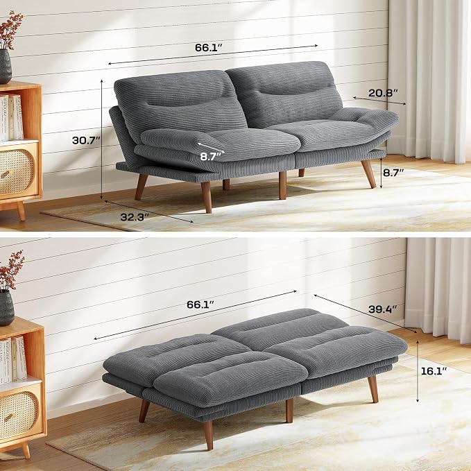 Marsail 66" Convertible Futon Sofa Bed, Corduroy Futon Loveseat Couch - Image 2