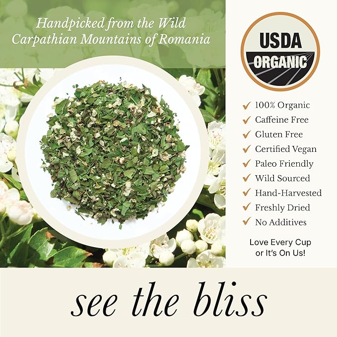 Organic Hawthorn Tea - Caffeine Free Loose Leaf and Flower Herbal Tea - Pharmacopoeia Potency - 100 Servings
