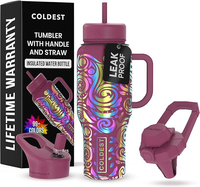 Coldest 40 oz Tumbler with Handle and Straw - 100% Leak Proof Insulated Tumbler with Lid and Straw (3 Lids) - Stainless Steel Tumblers for Women & Men - Cup Holder Friendly Base, 36 oz (Rose Spiral)
