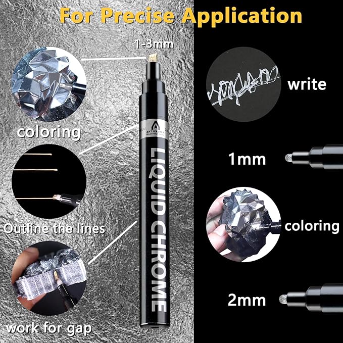 Renfio Chrome Paint Markers, 4 Colors Liquid Chrome Metallic Markers Mirror Repair Liquid Metallic Pen for Repairing Model Painting Resin DIY Craft Coloring (1-3mm) - Silver&Gold&Rose Gold&Copper