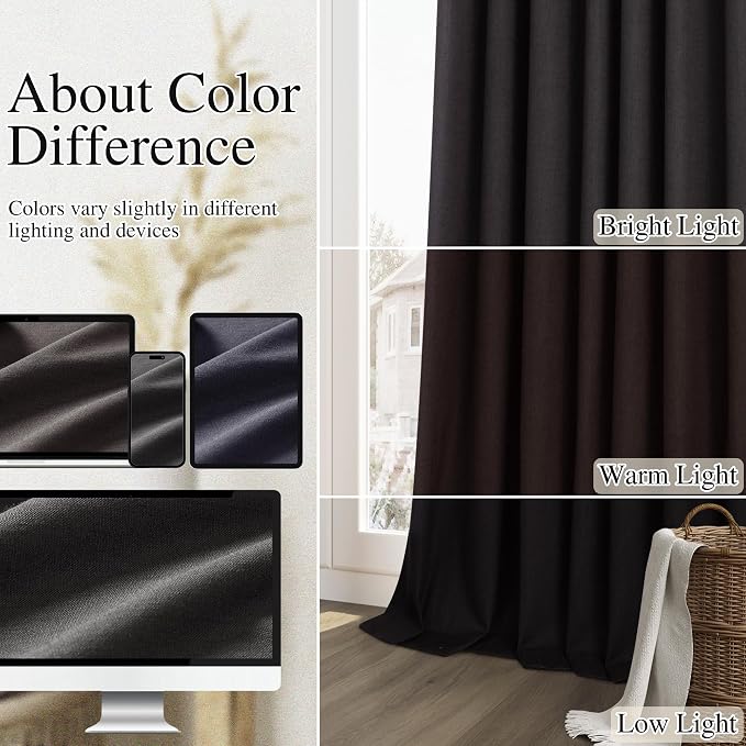 Black 100% Blackout Linen Curtains 63 Inch Length 2 Panels Set - Image 7