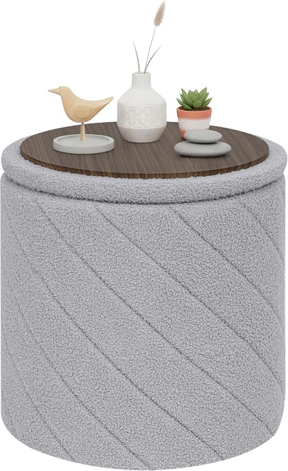 PINPLUS Ottoman with Stroage Round Boucle Ottoman and Tray Sherpa Removable by PINPLUS