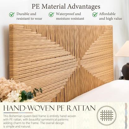 Yechen Queen Rattan Style Boho Bed Frame - Image 4
