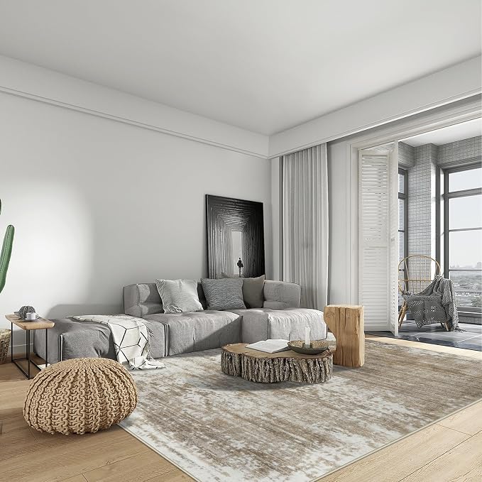 9x12 Area Rugs for Living Room: Washable Abstract Brown White Carpet | Non-slip - Image 4