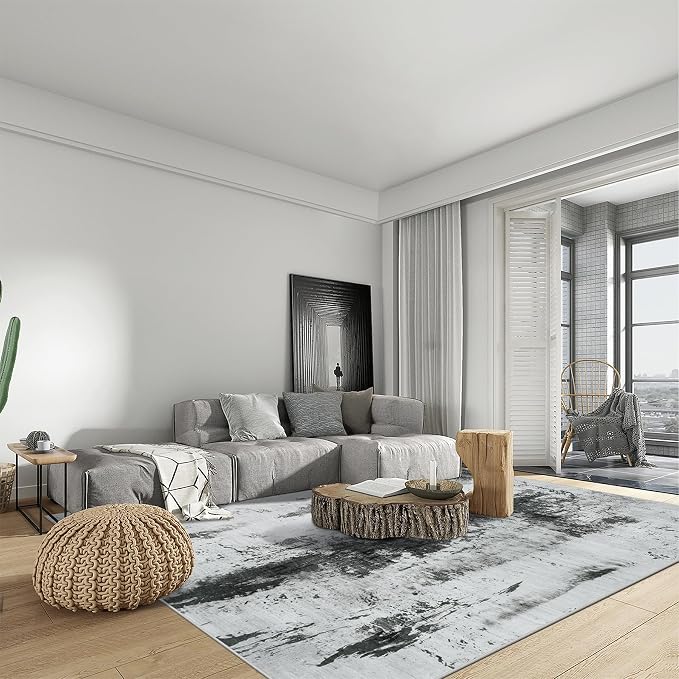 10x14 Area Rugs for Living Room: Washable Abstract Black White Grey Carpet | - Image 4