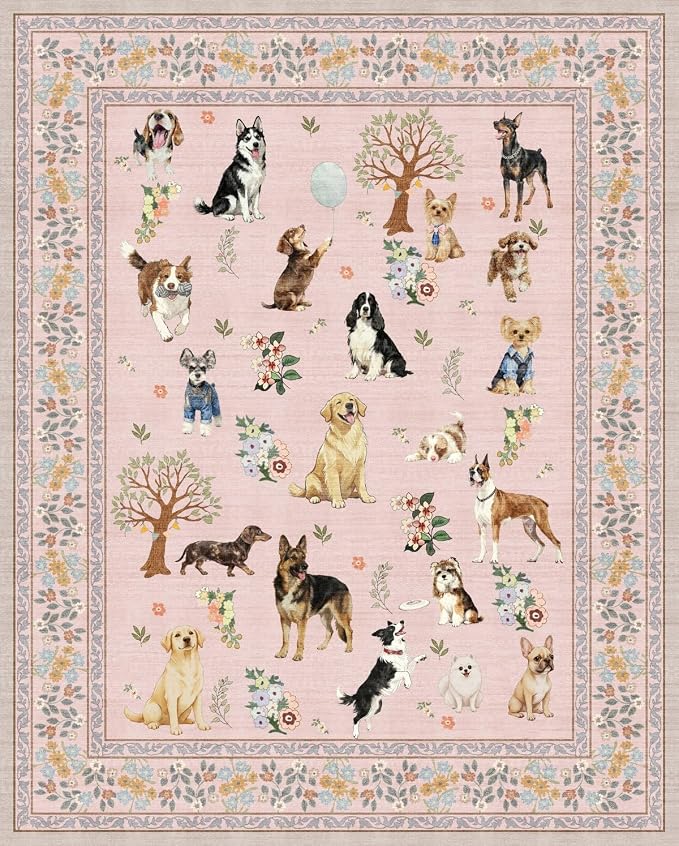 Pink Dogs Animal Area Rug 5x7 for Living Room Bedroom | Ultra-Thin;Boho Style; by WelcometoBabovid