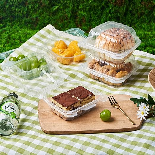 FULING 100 Count Clear Plastic Hinged Food Take Out To-Go Clamshell Containers, 6" W Disposable Takeout Tray for Dessert, Cakes, Cookies, Salads, Pasta, Sandwiches