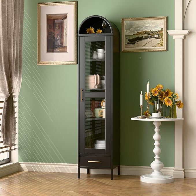 METAN Metal Arched Storage Display Cabinet, 1 Glass Door and Bottom 1 Drawer - Image 2