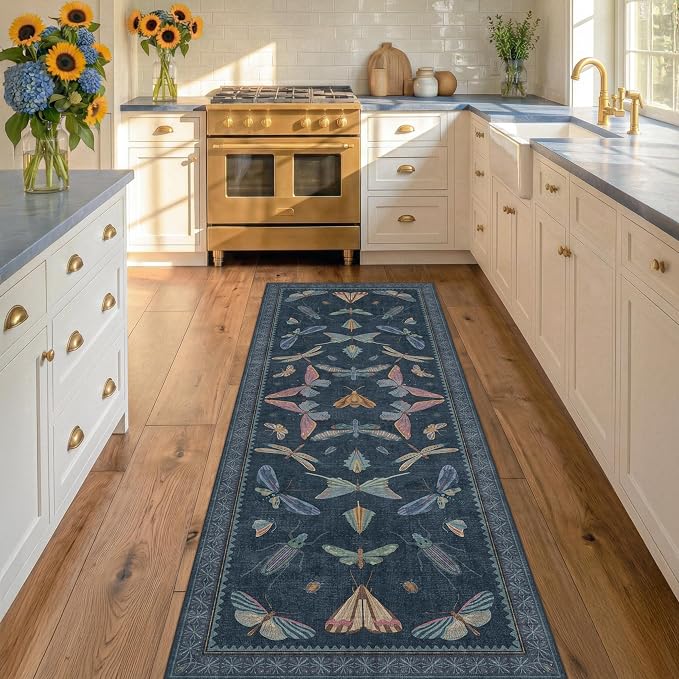 Vintage Navy Blue 2x5 Runner Rug, Washable Insect Carpet - Image 3