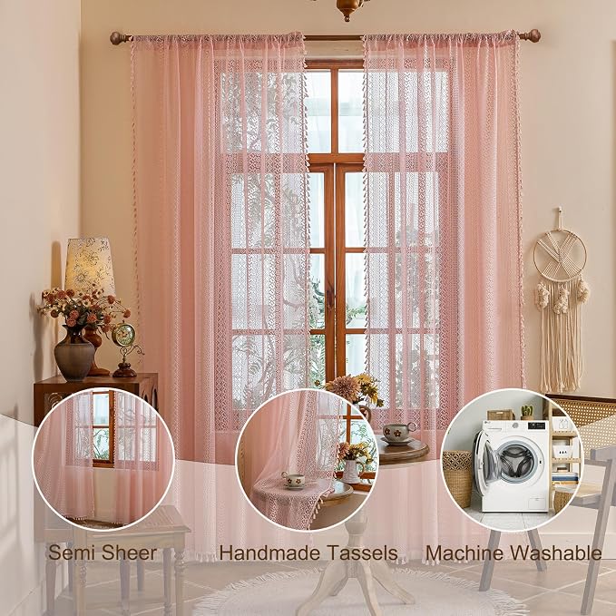 Sutuo Home Light Pink Boho Curtains 84 inches Long - Image 2