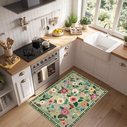 RELEANY Floral Washable 2x3 Area Rugs Doormat LightGreen | Flower Carpet Print - Image 6