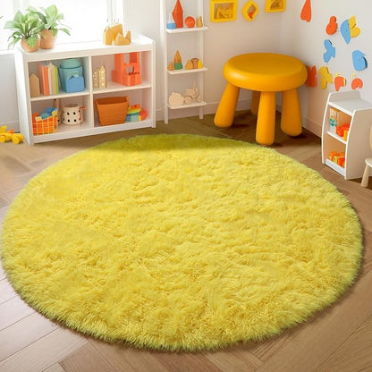 Amdrebio Yellow Fluffy Round Area Rug 5Ft by Amdrebio