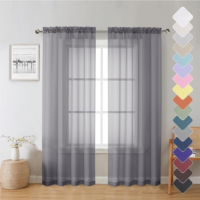 Charcoal Grey Sheer Curtain Panels 72 Inch Length, Light Filtering Window by Lecloud