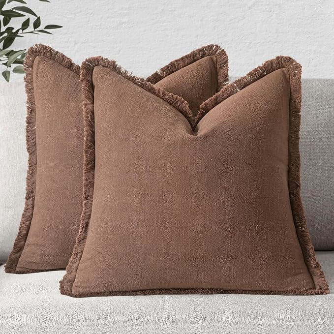 MIULEE Linen Fringe Decorative Fall Euro Pillow Covers Dark Coffee 24x24 | Set by MIULEE