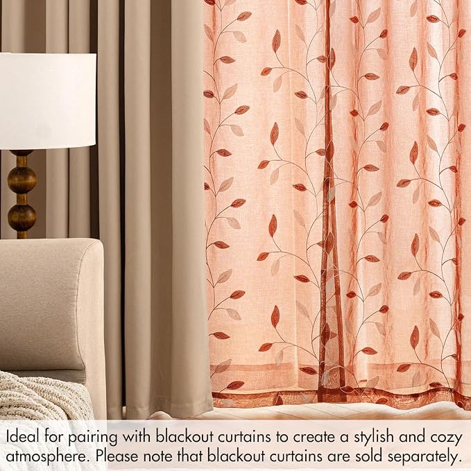 MIULEE Burnt Orange Sheer Fall Curtains 2 Panels Leaf Patterned, W52 x L54 | - Image 7