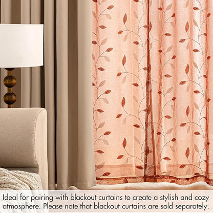 MIULEE Burnt Orange Sheer Fall Curtains 2 Panels Leaf Patterned, W52 x L63 | - Image 7