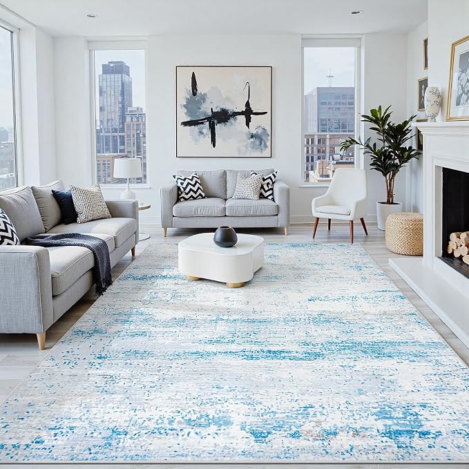 6x9 Washable Area Rug for Living Room Bedroom: Non-Slip Modern Light Blue | by Oriannal