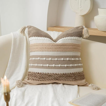 Brown Decorative Throw Pillow Cover 20x20 Square Boho Accent Pillowcase Tassels - Image 7
