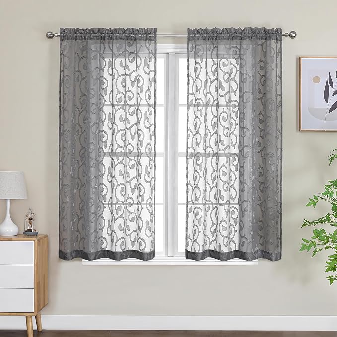 Furman Sheer Curtains 45 Inch Long 2 Panels Set, Airy Jacquard Clip Short Voile - Image 2