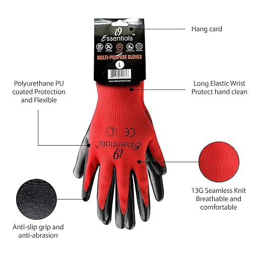 I9 Essentials Nitrile Coated Work Gloves - 12 Pairs Large, Durable, Breathable Safety Gloves for Construction, Gardening, Carpentry – Washable, Reusable for men and women